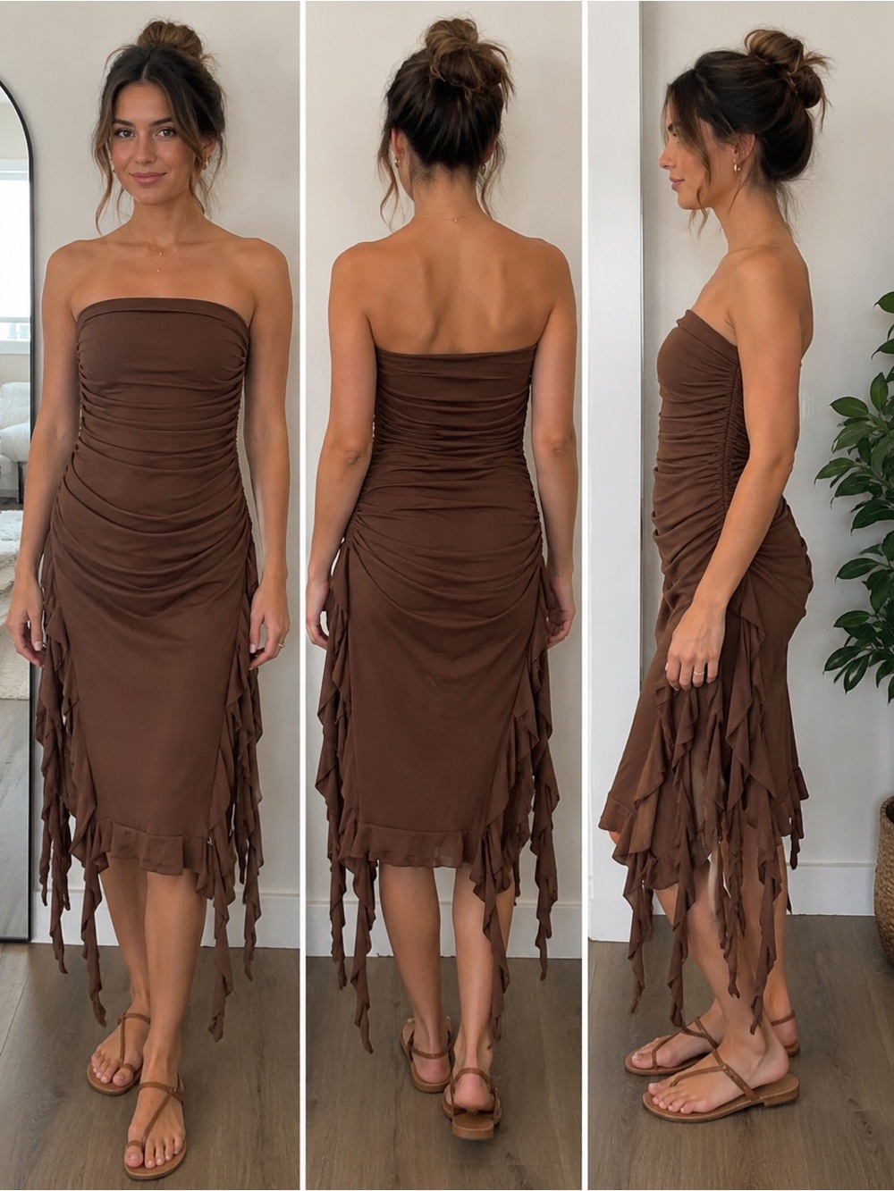 Thirty Thirty Brown Strapless Ruched Midi Dress Ruffle Hem Y2K‎ Bodycon S